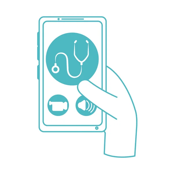 Online doctor, hand with smartphone app consultant medical covid 19, line style icon — Stock Vector