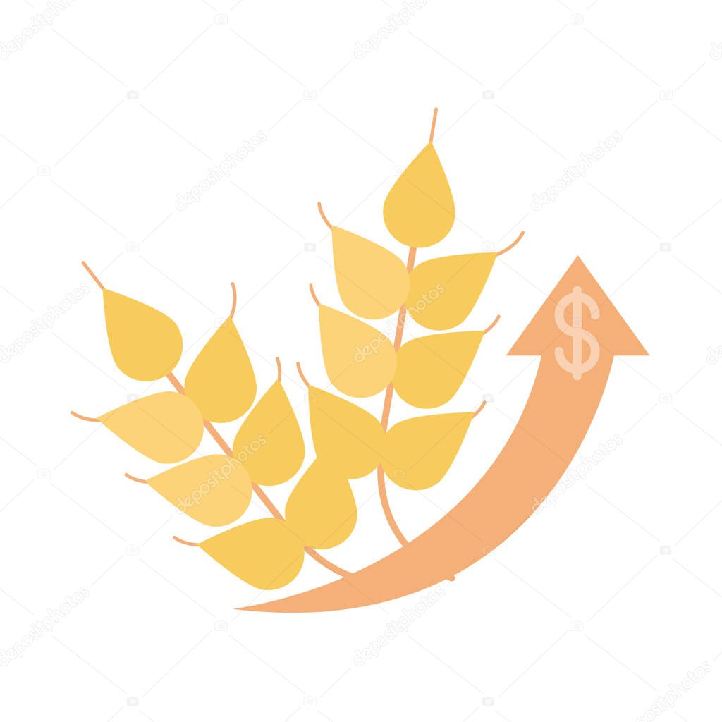 wheat agriculture product money up arrow, rising food prices, flat style icon