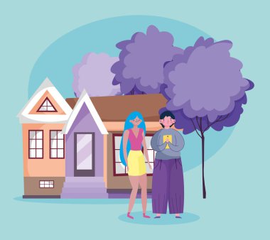 İnsanlar ve akıllı telefon, evin dışında cep telefonu olan çift.