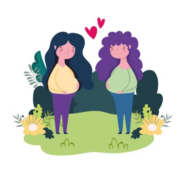 Mutlu anneler günü, hamile kadınlar açık havada çiçekli kalpleri severler.