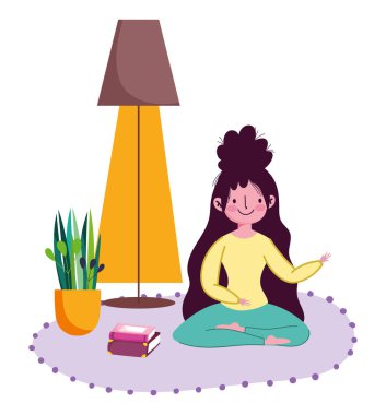 Evde kal, kitap okuyan genç kadın. Nilüfer yogası pozu ver.