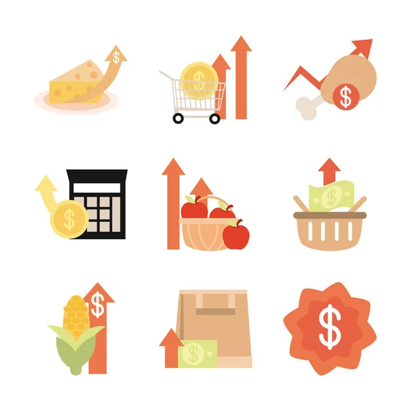 Aumento dei prezzi dei prodotti alimentari, icone del commercio di mercato impostare l'icona in stile piatto — Vettoriale Stock