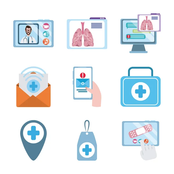 Medico online, medico consulente tecnologico icone mediche set, icona in stile piatto — Vettoriale Stock