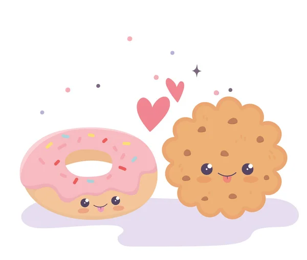 Roztomilý cookie a kobliha láska srdce kawaii kreslený postava — Stockový vektor