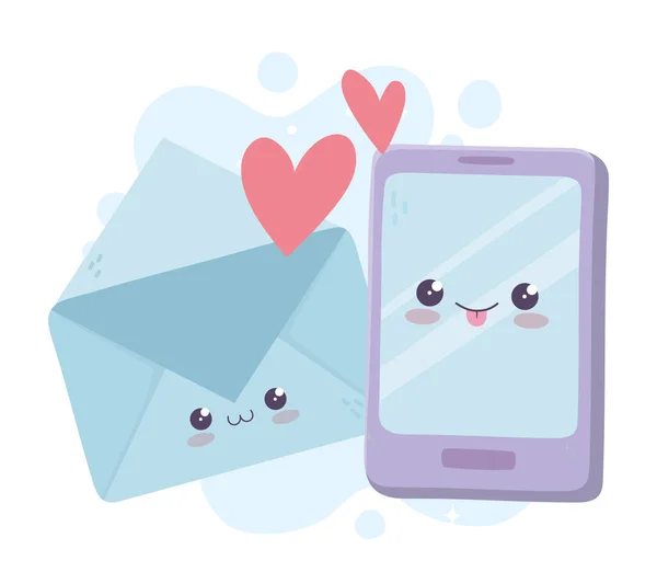Bonito smartphone e correio corações amor kawaii personagem dos desenhos animados — Vetor de Stock