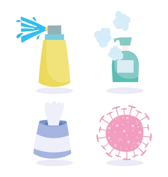 Covid 19 síntomas de prevención spray desinfectante, papel tisú, jabón líquido — Archivo Imágenes Vectoriales