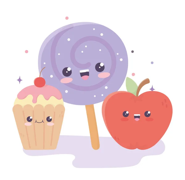 Niedliche appple candy in stick und cupcake kawaii cartoon figur — Stockvektor