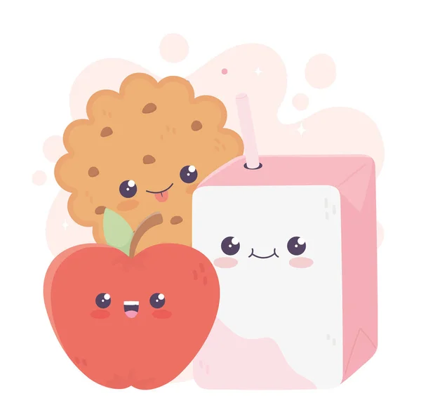 Lindo caja jugo manzana y galleta kawaii personaje de dibujos animados — Vector de stock