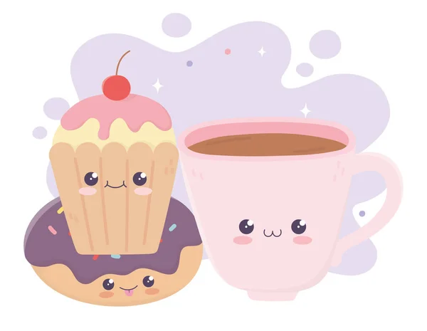 Niedliche Kaffeetasse Donut und Cupcake Kawaii Cartoon-Figur — Stockvektor
