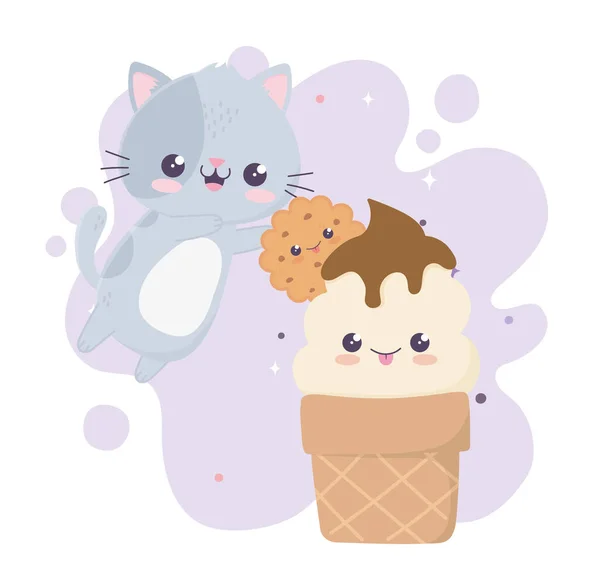 かわいい猫のアイスクリームとクッキーカワイイ漫画のキャラクター — ストックベクタ