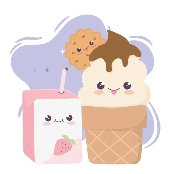 Lindo caja de jugo y helado kawaii personaje de dibujos animados — Archivo Imágenes Vectoriales