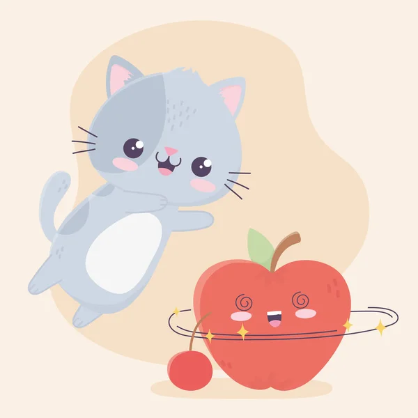 사과와 체리 카와이 만화 캐릭터가 있는 귀엽고 작은 고양이 — 스톡 벡터