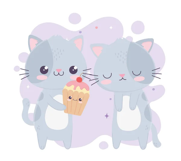 Söta små katter med söta cupcakes kawaii tecknad karaktär — Stock vektor