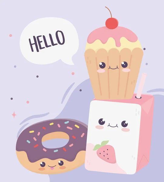 Niedliche Box Saft Donut und Cupcake Kawaii Cartoon-Figur — Stockvektor