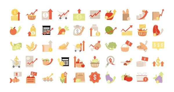 Aumento de los precios de los alimentos, iconos de comercio de mercado conjunto icono de estilo plano — Vector de stock