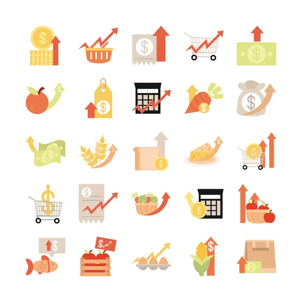 Aumento dei prezzi dei prodotti alimentari, icone del commercio di mercato impostare l'icona in stile piatto — Vettoriale Stock