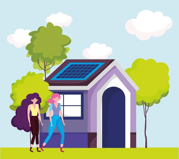 Eco friendly, femmes eco house avec panneau solaire énergie durable — Image vectorielle