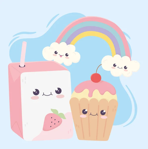 Mignon jus de boîte et cupcake arc-en-ciel kawaii personnage de dessin animé — Image vectorielle