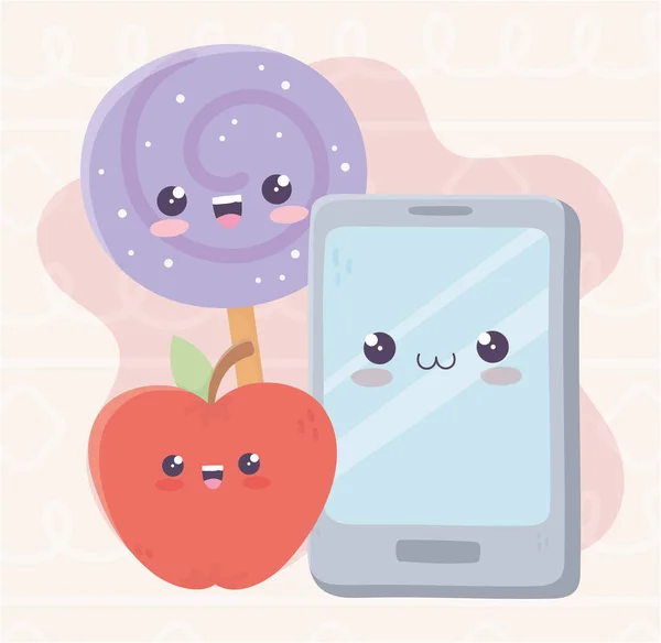 Aranyos smartphone alma és cukorka kawaii rajzfilm karakter — Stock Vector