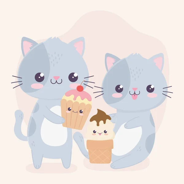 Roztomilé malé kočky se zmrzlinou a cupcake kawaii kreslené postavičky — Stockový vektor