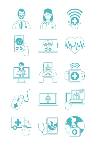 온라인 의사, 의사 기술 컨설턴트 의료 아이콘 세트, 라인 스타일 아이콘 — 스톡 벡터