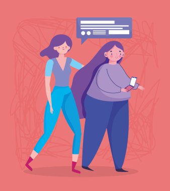 insanlar ve akıllı telefon, mobil aygıt dijital karikatür kullanarak kadın yürüyüşü