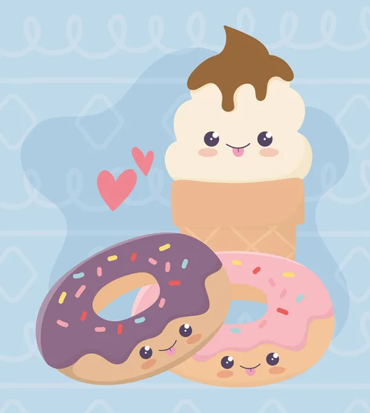 Niedliche süße Donuts und Eis Kawaii Cartoon-Figur — Stockvektor