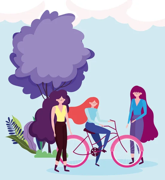 Trasporto ecologico, gruppo con donne e bici all'aperto cartone animato — Vettoriale Stock