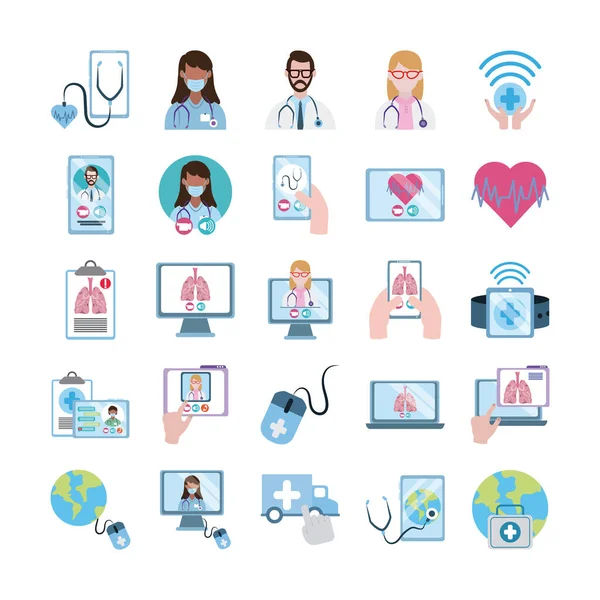 Online doctor, physician technology consultant medical icons set, flat style icon — Stock Vector