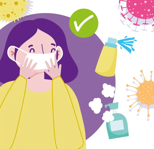 Covid 19 mujer de prevención con spray desinfectante máscara y antibacteriano — Archivo Imágenes Vectoriales