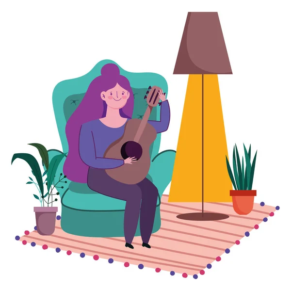 Stay at home, young woman sitting playing guitar in room — Stock Vector