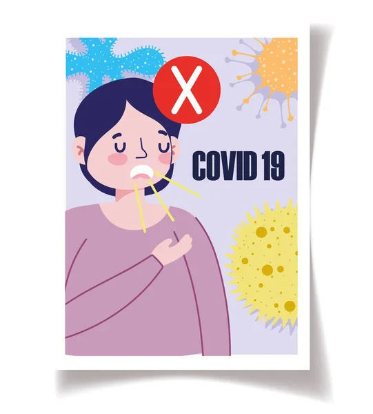 Covid 19 preventie, niet bedekken mond met de hand cartoon — Stockvector