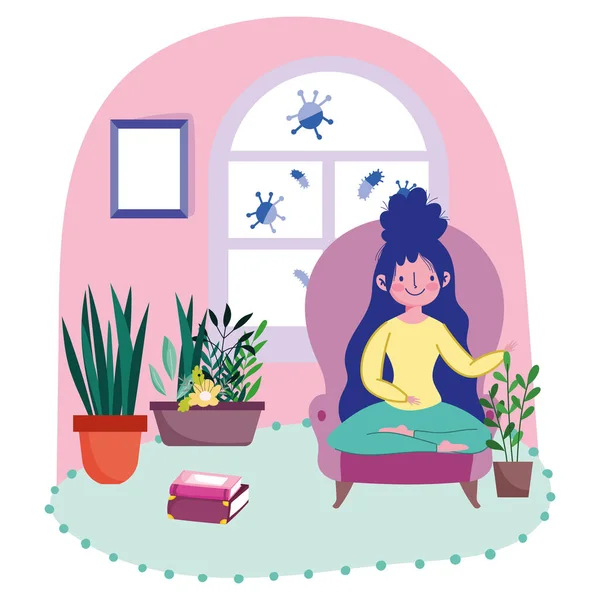 Stay at home, young woman in chair with books and plants — Stock Vector