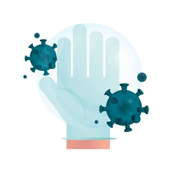 Χέρι με προστατευτικό γάντι πανδημία στάση coronavirus covid 19 — Διανυσματικό Αρχείο