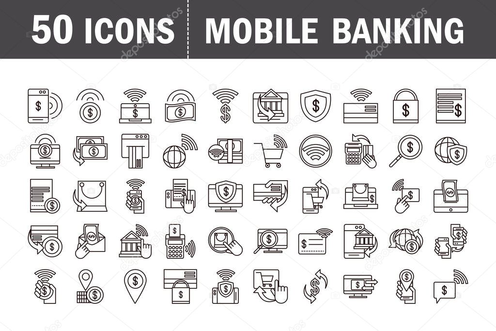 mobile banking shopping or payment market online, ecommerce icons set line and fill line style icon