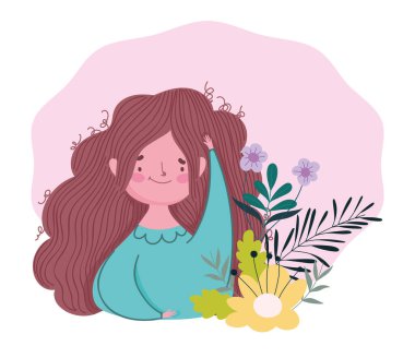 Mutlu anneler günü, esmer kadın çizgi film çiçek süslemesi.