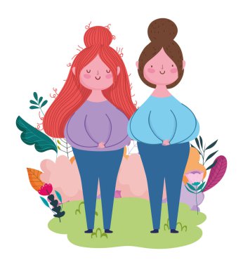 Mutlu anneler günü, çizgi filmdeki kadınlar çiçek yaprakları çimenlerde.