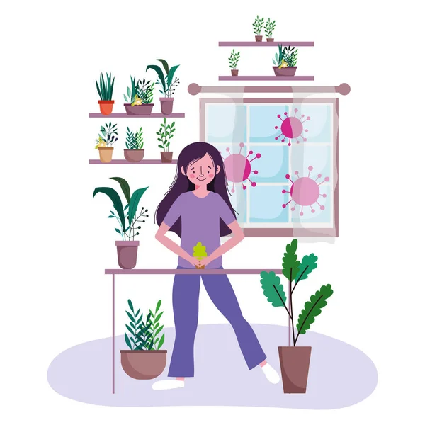 Stay at home, young woman with plants in pots gardening leisure — Stock Vector