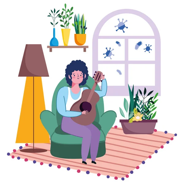 Остаться дома, парень в гостиной с гитарой, играющей музыку мультфильма — стоковый вектор