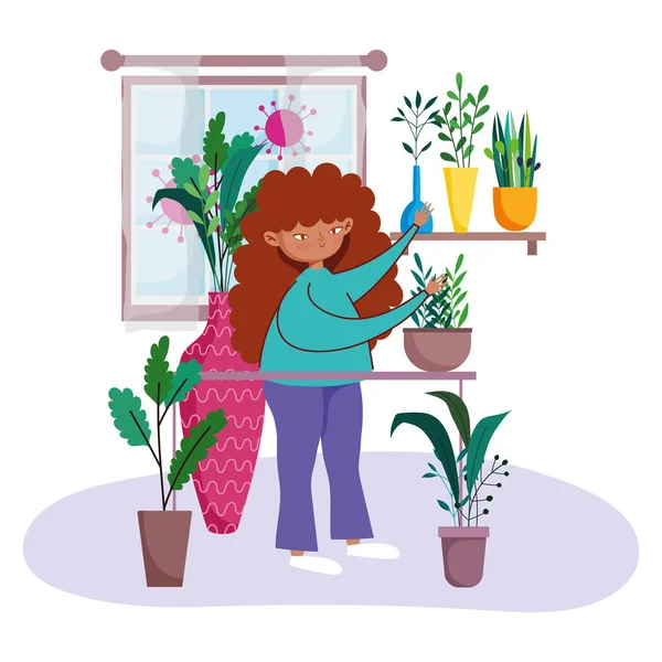 Stare a casa, ragazza con piante in vaso giardinaggio hobby cartone animato — Vettoriale Stock