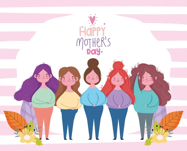 Gelukkig moeders dag, groep vrouwen bloemen cartoon karakter achtergrond — Stockvector