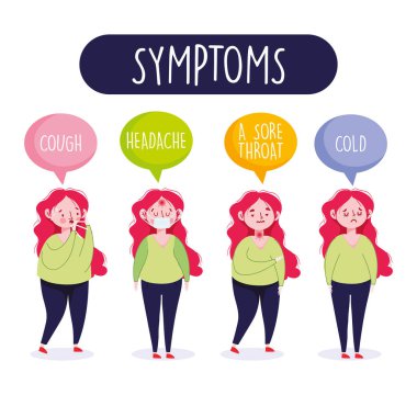 Covid 19 Coronavirus Infographic, semptomları salgın hastalık zatürresi olan kadın karakter.