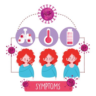 Covid 19 Coronavirus Infographic, ateşi olan ve öksürük semptomları gösteren kız.