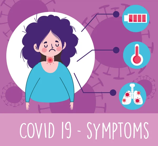 Covid 19 coronavirus infographic, dívka bolest v krku, horečka a příznaky — Stockový vektor