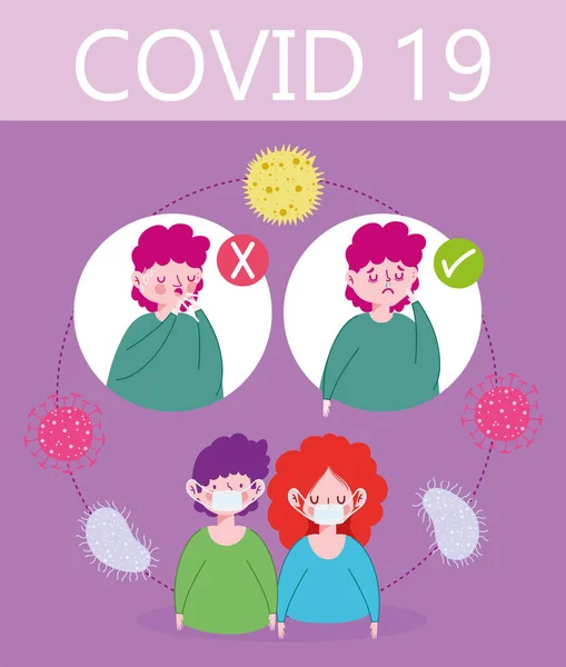 Covid 19 coronavirus infographic, mensen symptomen en preventie met medische maskers — Stockvector