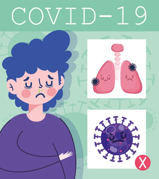 Кованої 19 коронавірусної інфографіки, персонажа, що працює ніс, симптоми вірусу легень — стоковий вектор