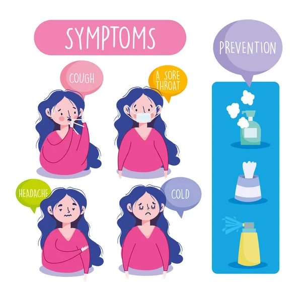 Covid 19 coronavírus infográfico, sintomas e prevenção, febre tosse fria, higiene limpeza —  Vetores de Stock