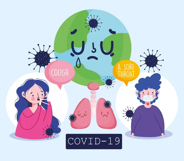 Covid 19 coronavirus infographic, světová pandemie kašel bolest v krku symptomy a prevence — Stockový vektor