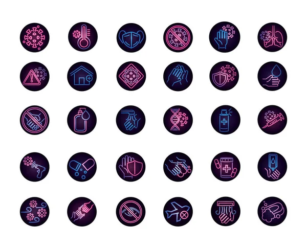 Кованої 19 коронавірусної хвороби респіраторні медичні ікони набір значків неонового стилю — стоковий вектор