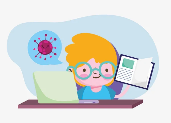 Educazione online, studente ragazzo con libro e laptop, pandemia di coronavirus — Vettoriale Stock